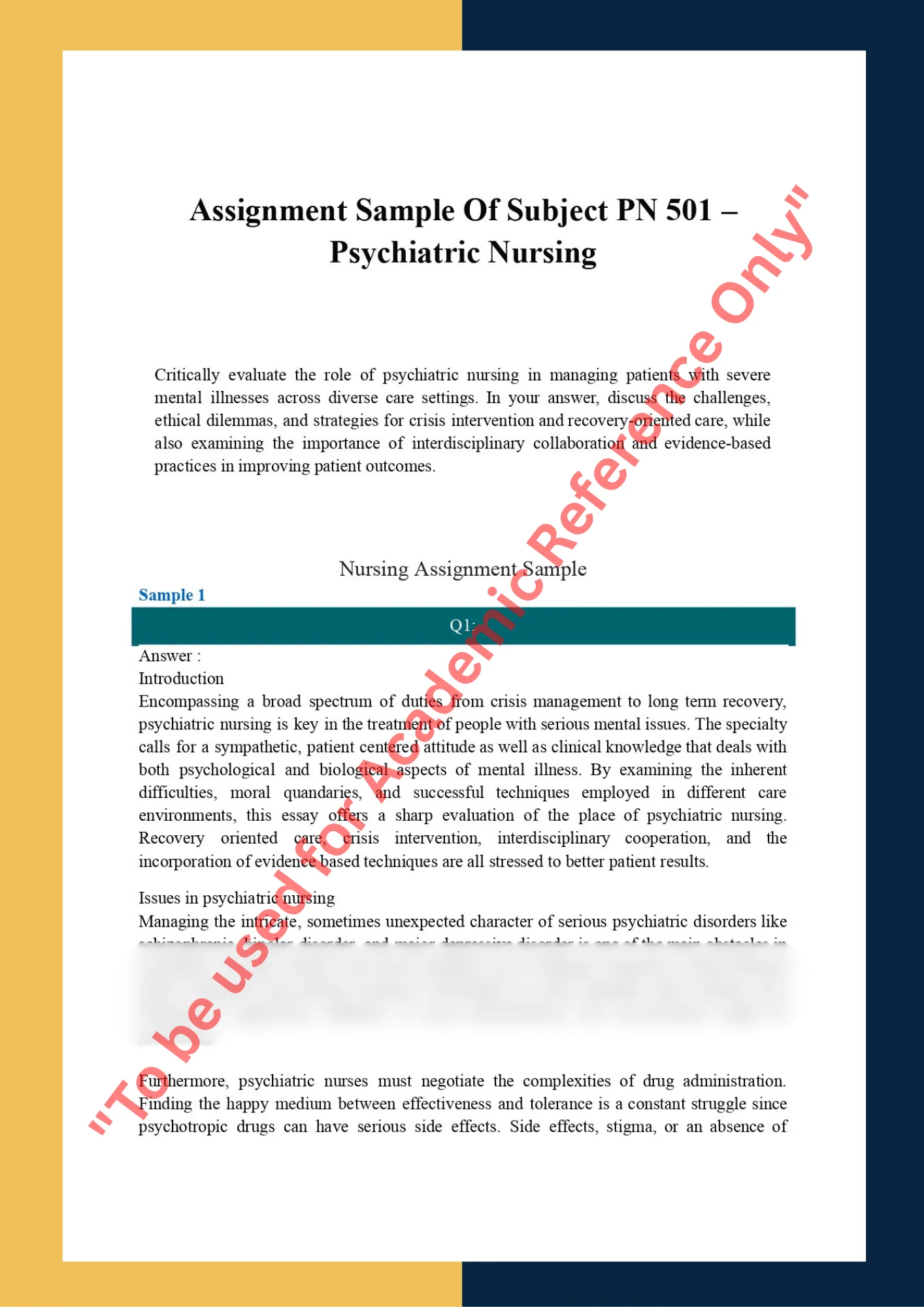 Assignment Sample Of Subject PN 501 – Psychiatric Nursing 0